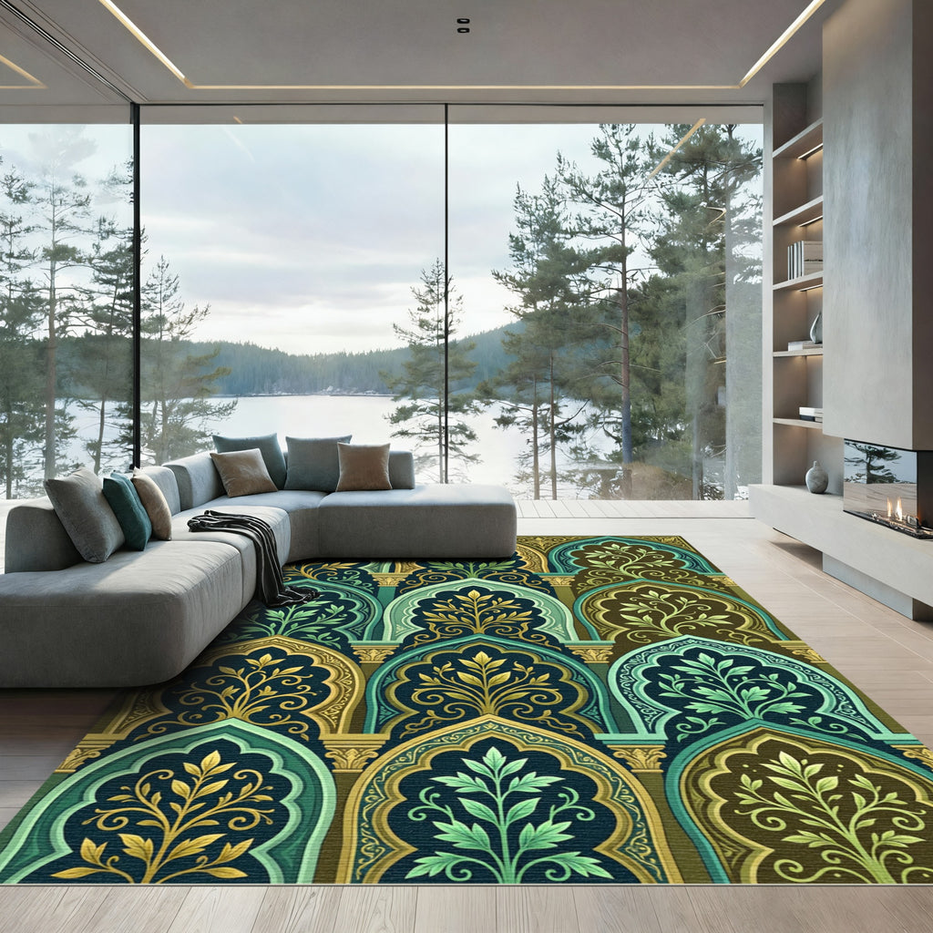 Ornate Emerald and Golden Arch Tapestry Rug
