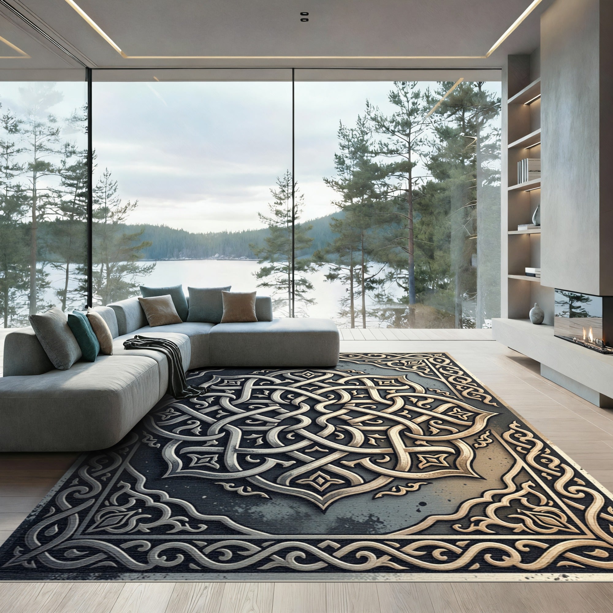 Intricate Metallic Silver Gold Interlocking Knot Rug