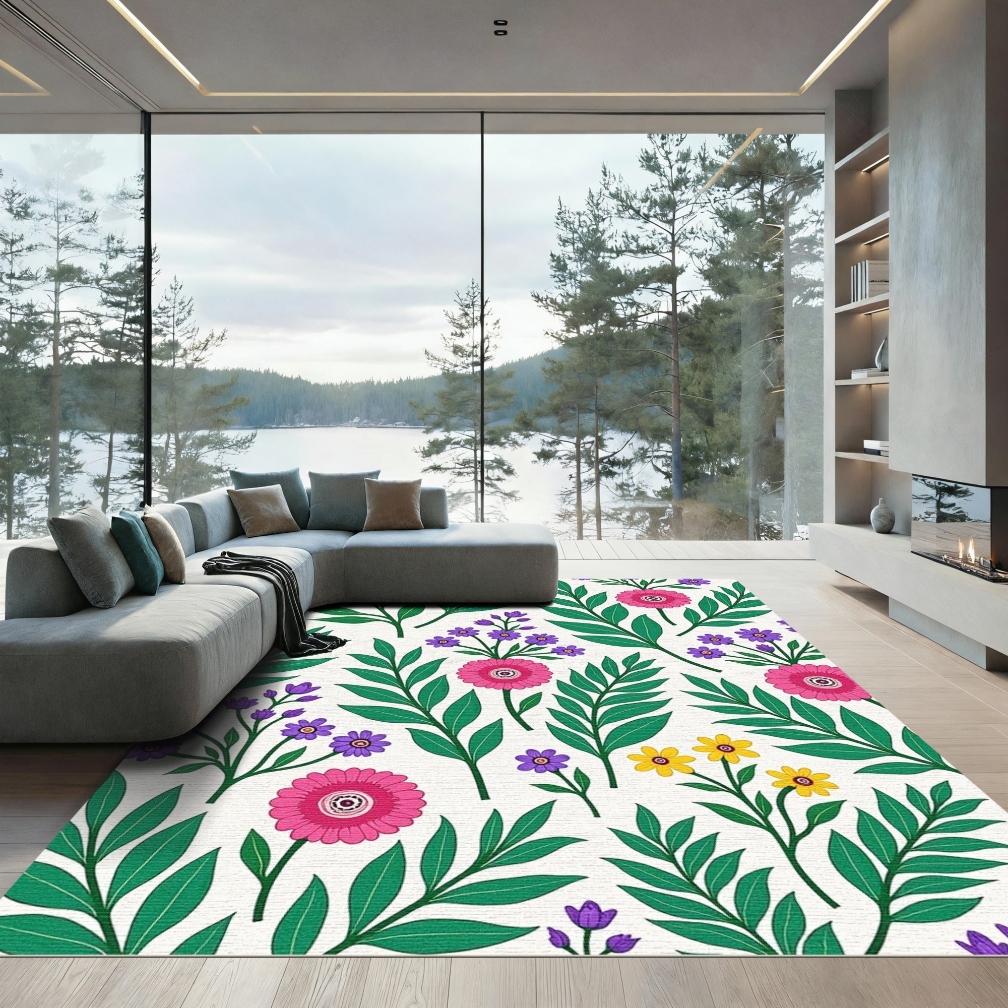 Bright Pink Purple Yellow Floral Branches Rug