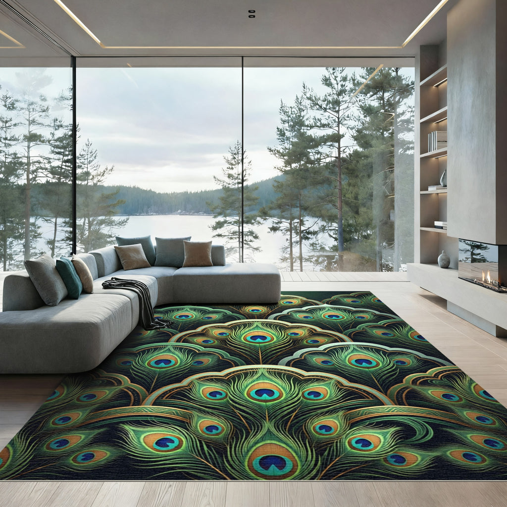 Art Deco Peacock Feather Emerald Teal Rug