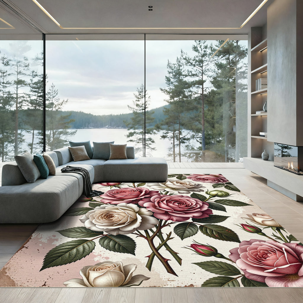 Elegant Vintage Pink White Rose Bouquet Rug