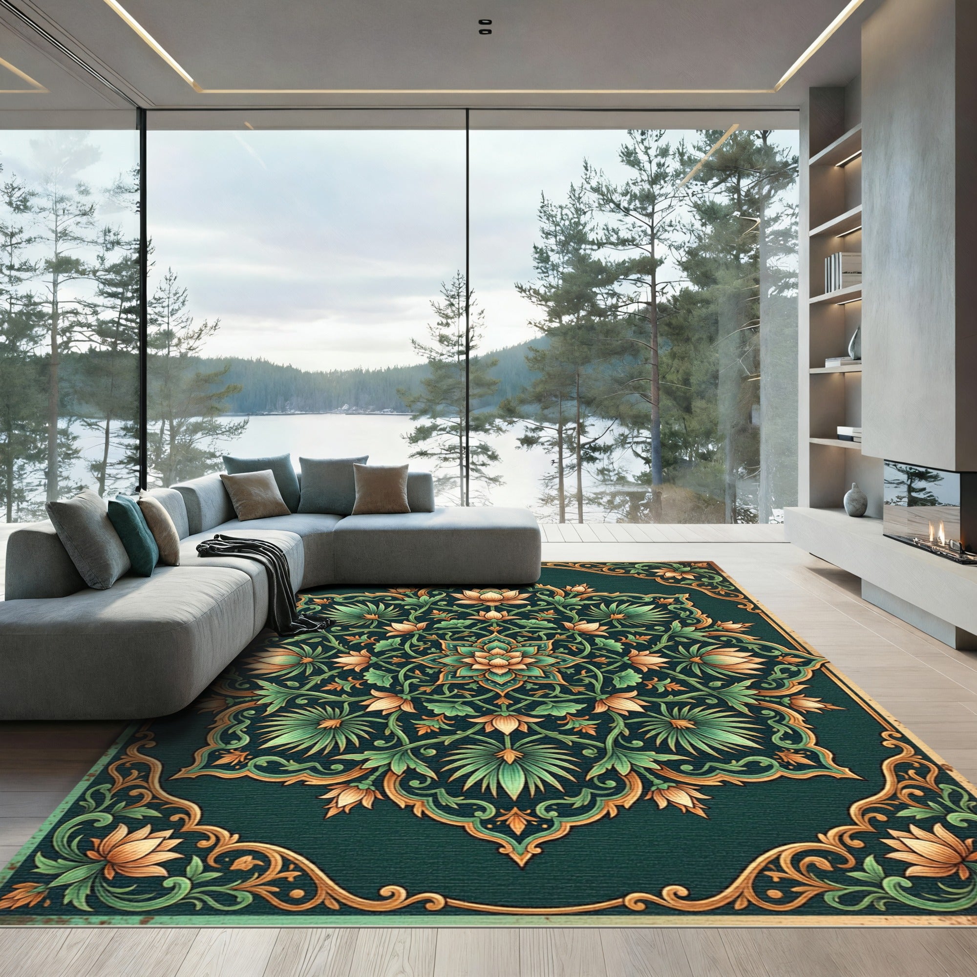 Teal Golden Lotus Floral Medallion Rug