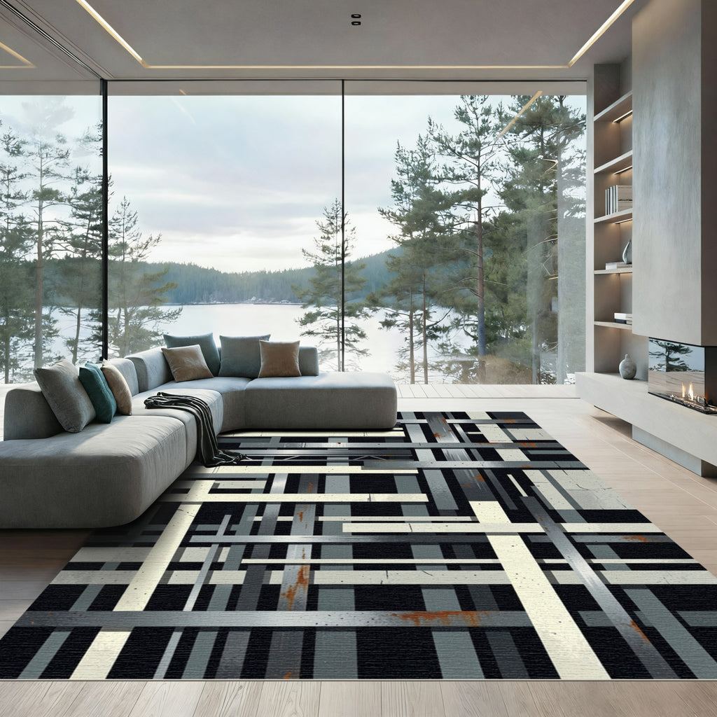 Industrial Gray Monochromatic Grid Artwork Rug