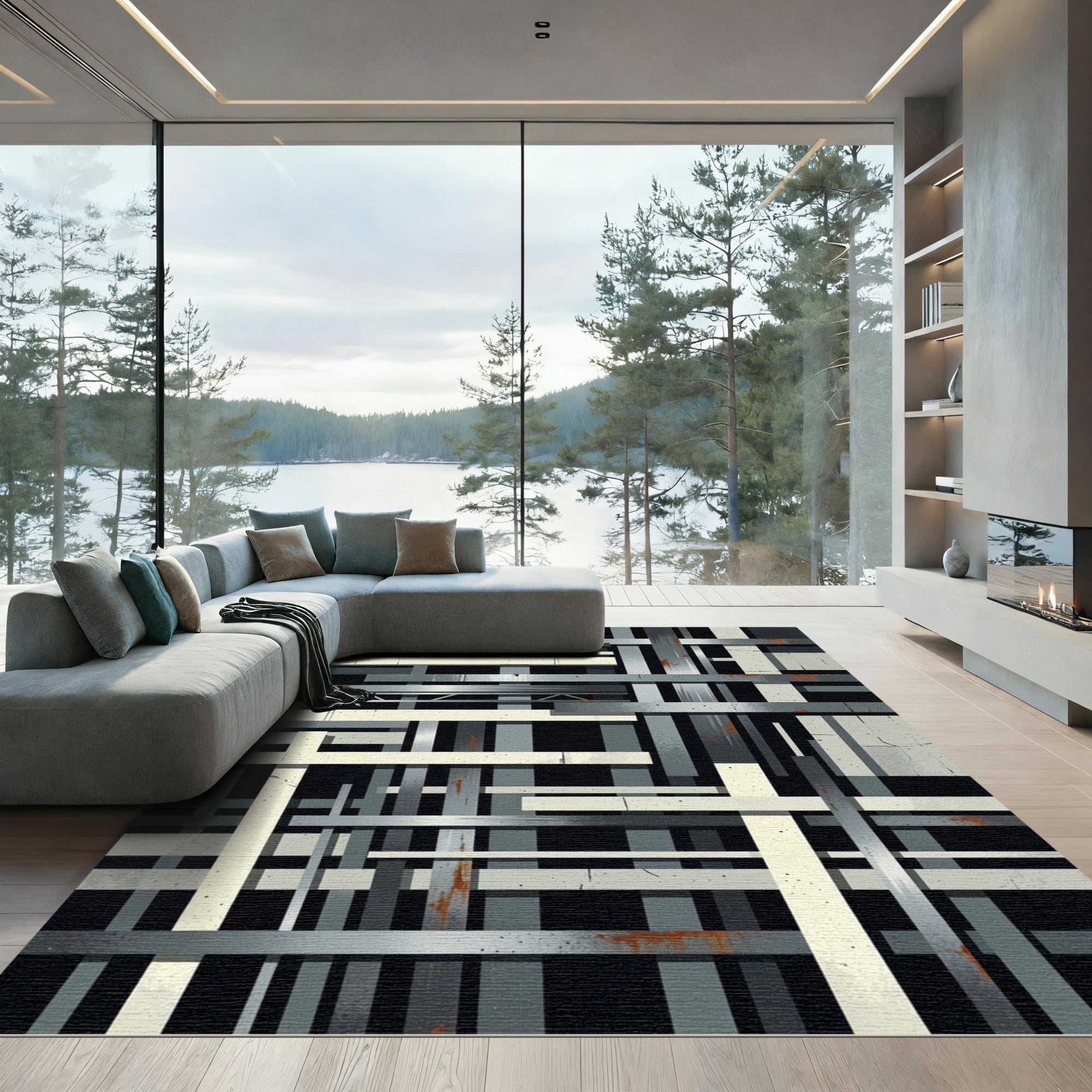 Industrial Gray Monochromatic Grid Artwork Rug