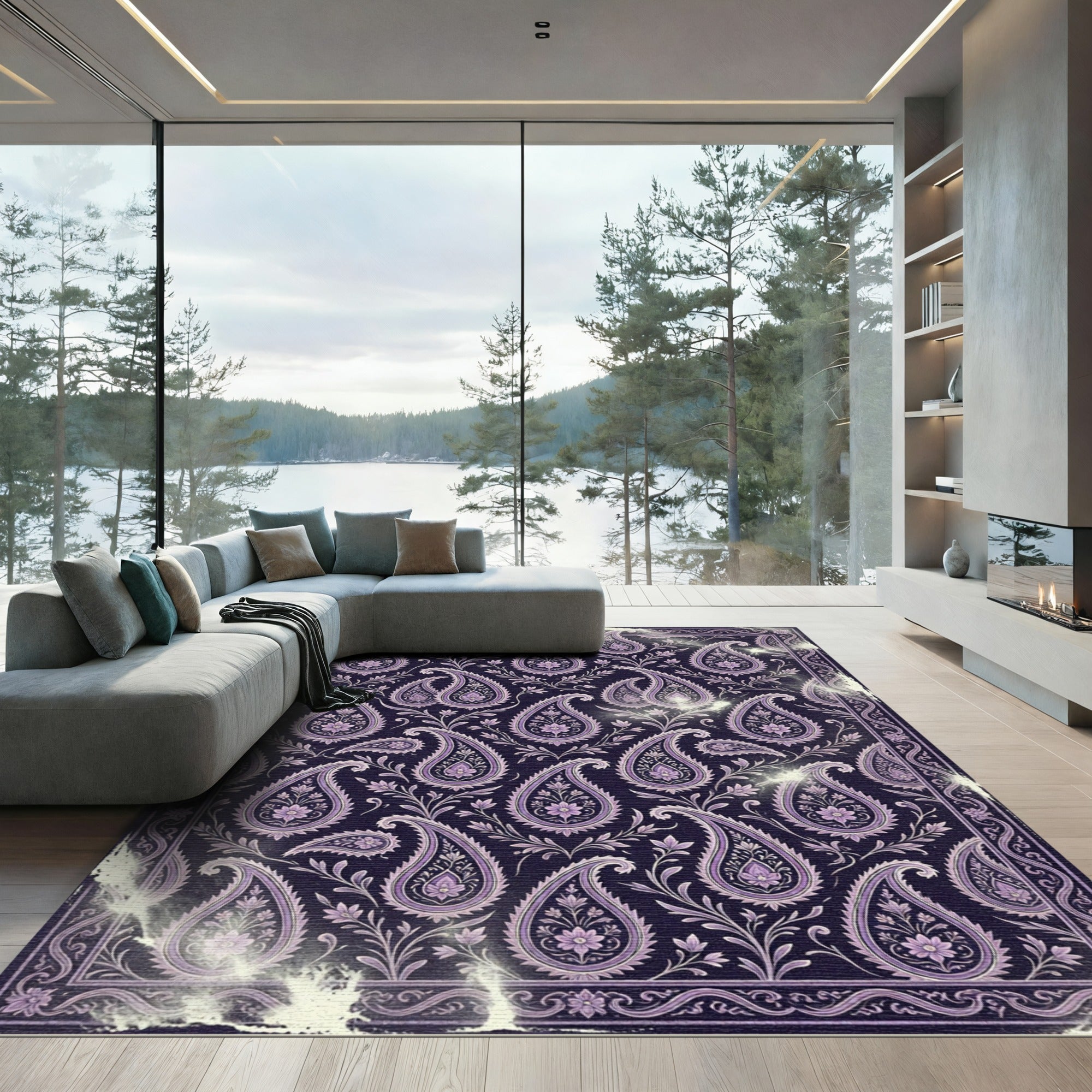 Midnight Purple Ornate Paisley Damask Rug