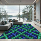 Geometric Intertwined Teal and Cobalt Lattice Rug