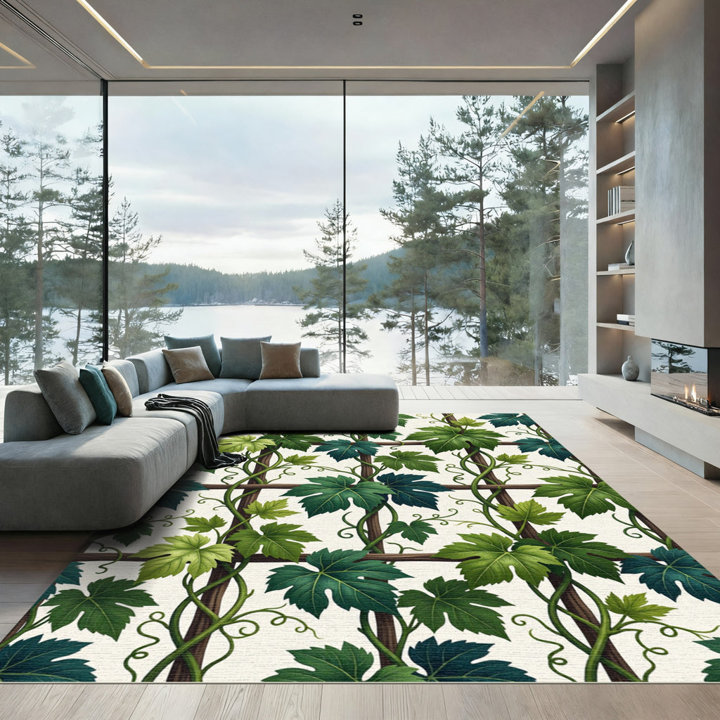 Lush Green Botanical Grapevine Trellis Rug