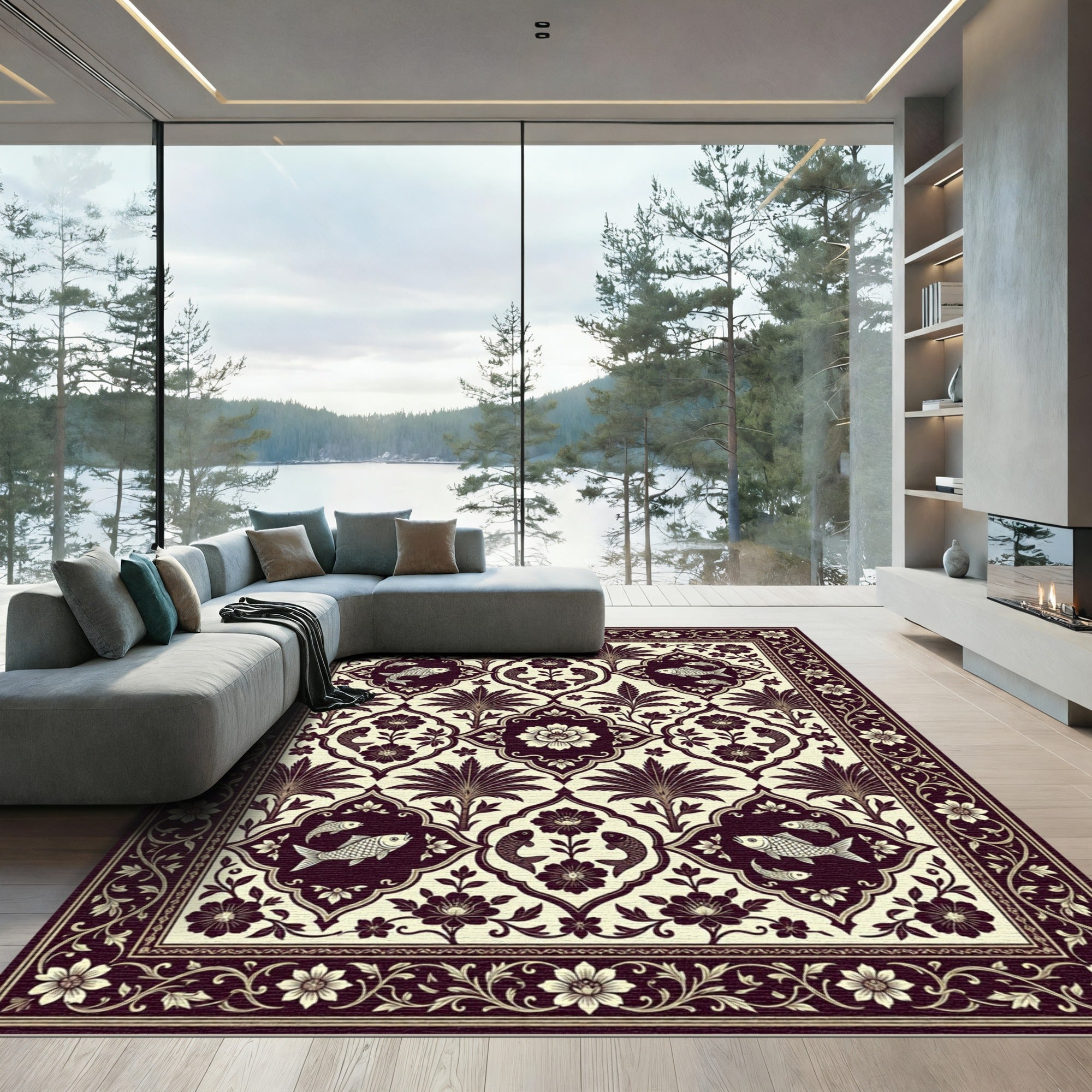 Crimson Floral Fish Garden Mandala Rug