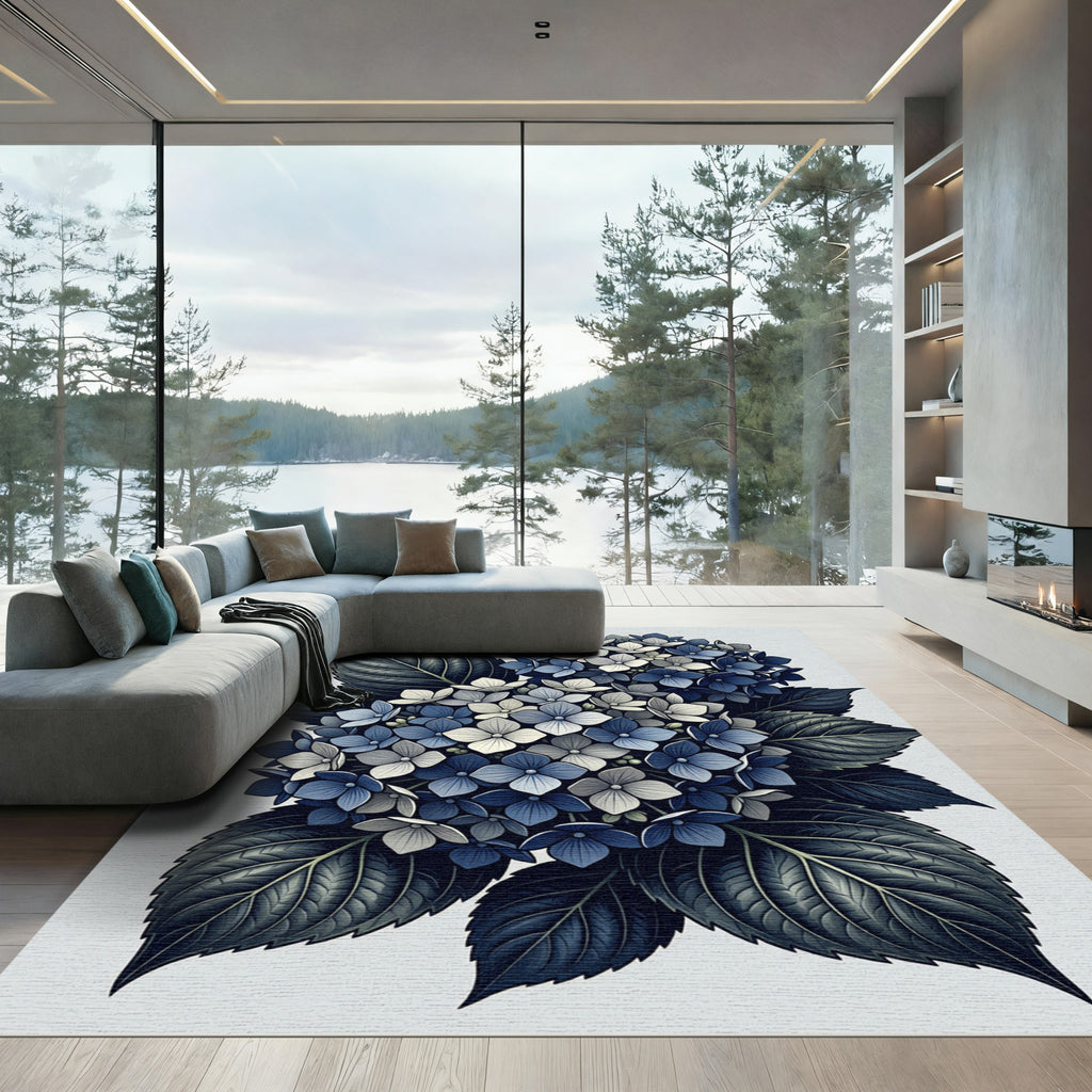 Elegant Navy Hydrangea Floral Bouquet Rug