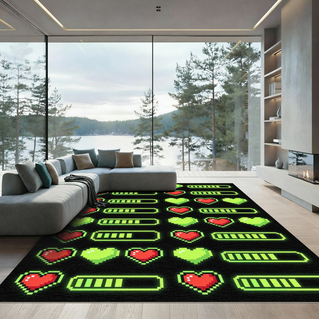 Neon Pixelated Heart Gaming Grid Rug