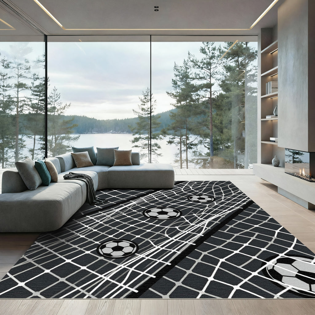 Modern Monochrome Soccer Ball Grid Rug