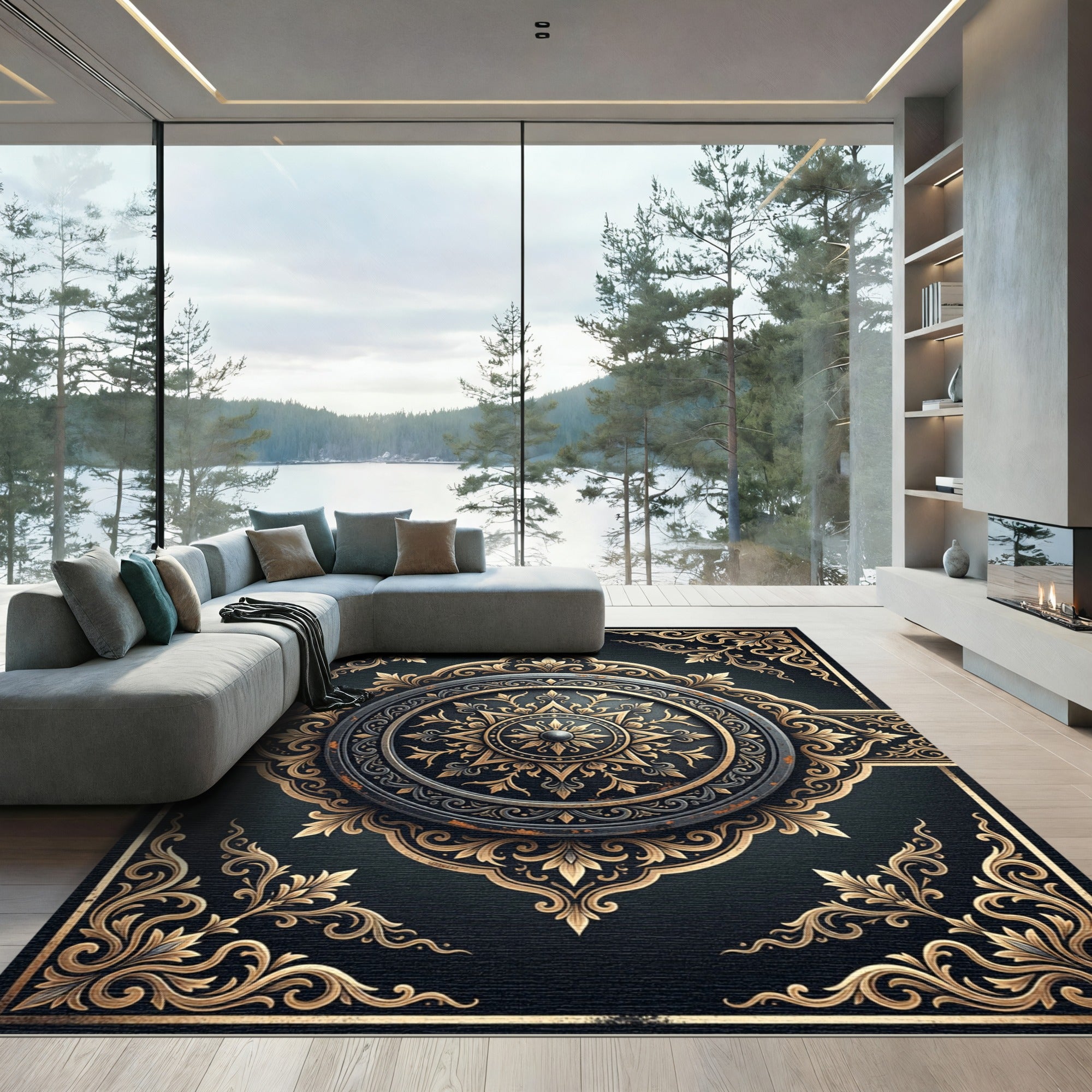 Elegant Gold Filigree Dark Medallion Rug