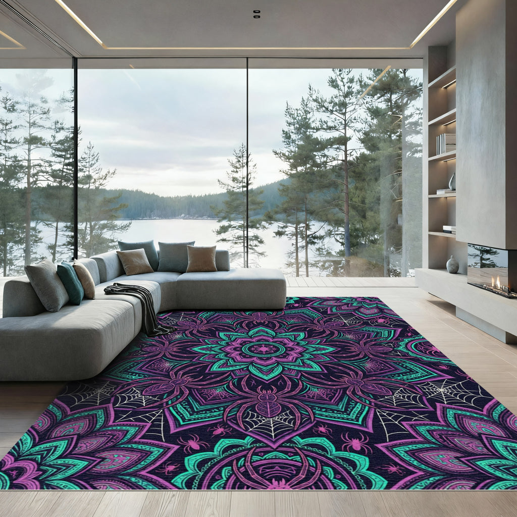 Gothic Neon Spider Web Mandala Rug