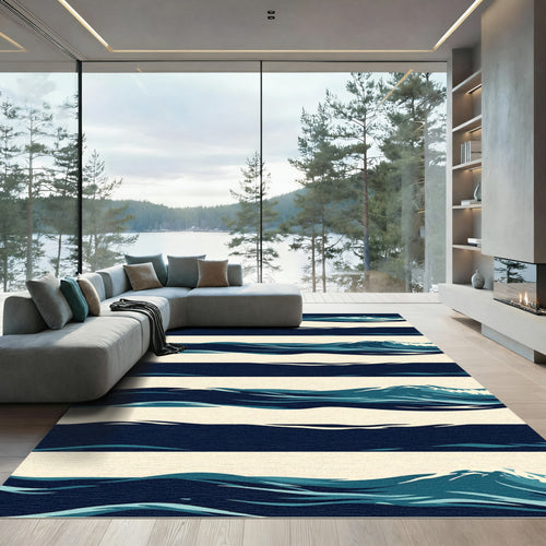 Abstract Navy Blue Ocean Wave Striped Rug
