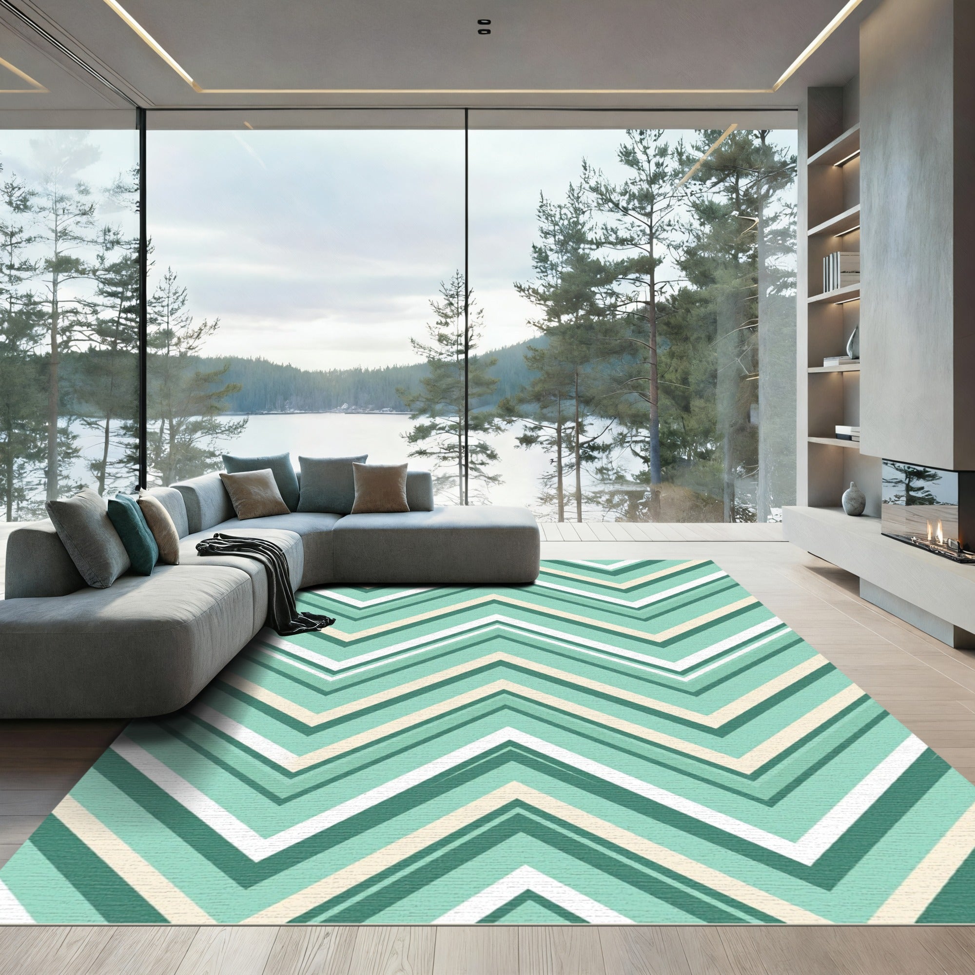 Modern Aqua Chevron Zigzag Geometric Rug