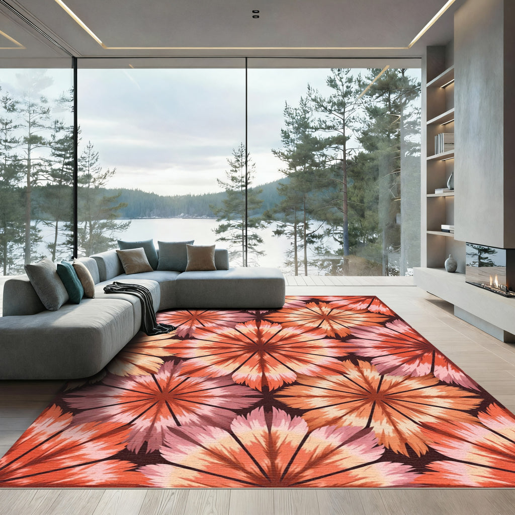 Warm Coral Pink Floral Medallion Rug