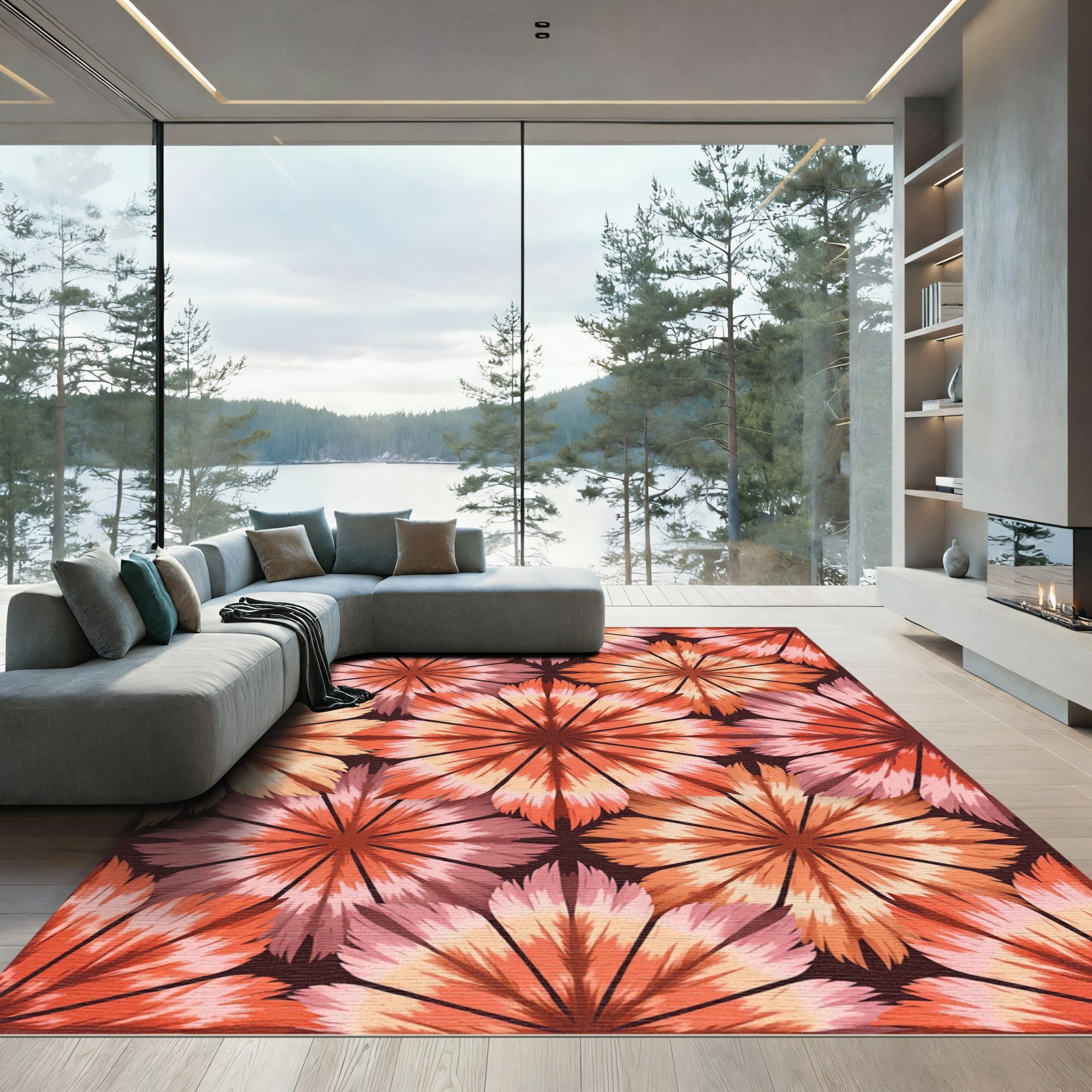 Warm Coral Pink Floral Medallion Rug