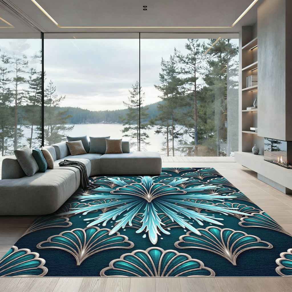 Teal Blue Art Nouveau Fan Splash Rug