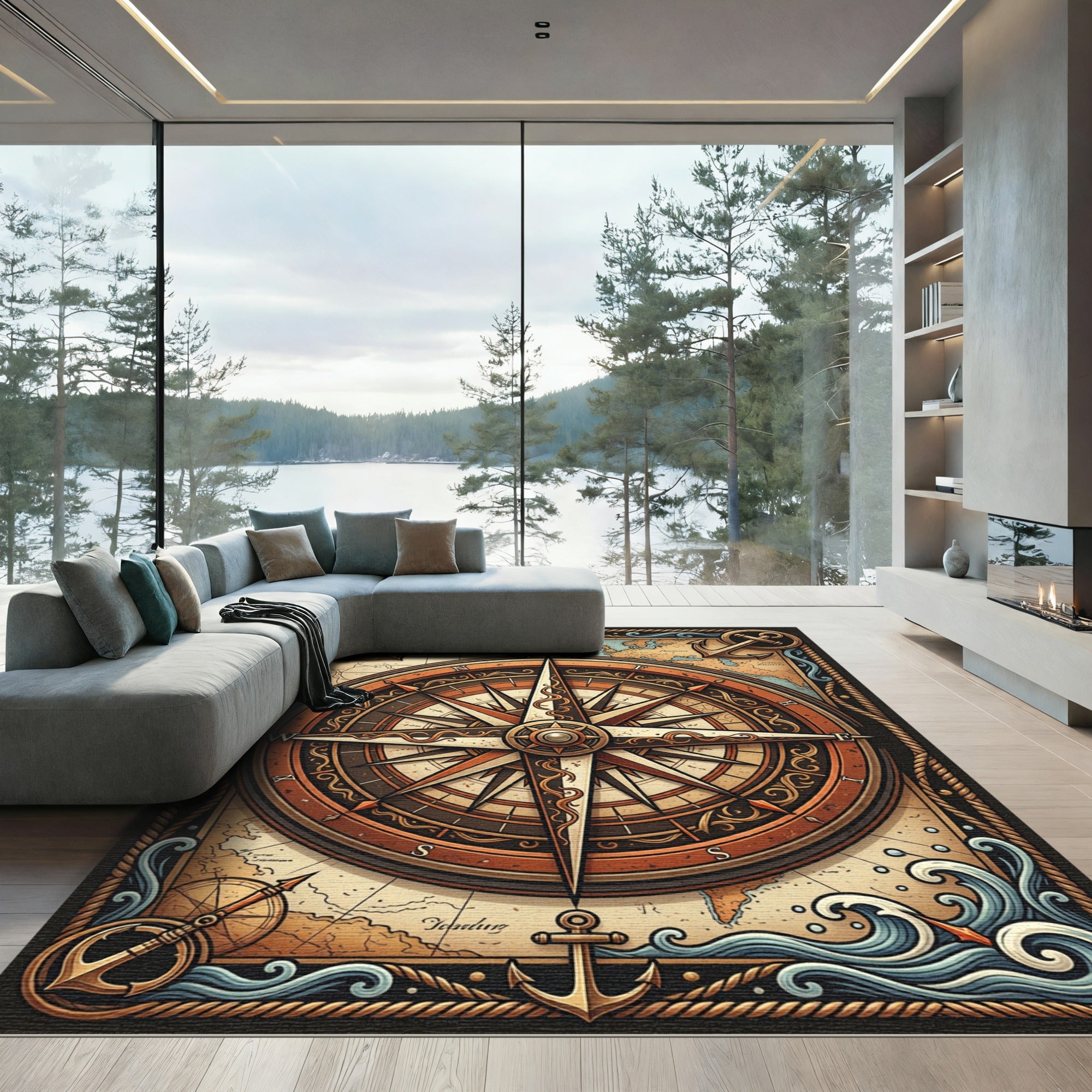 Vintage Nautical Compass Antique Map Rug