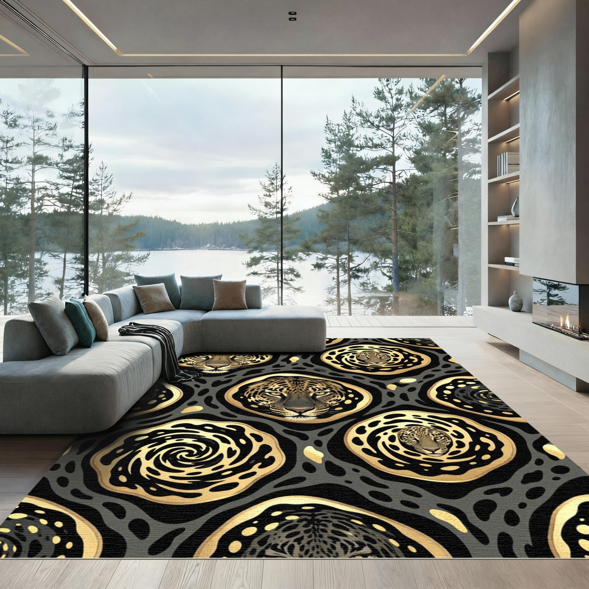 Black Gold Leopard Swirl Medallion Rug