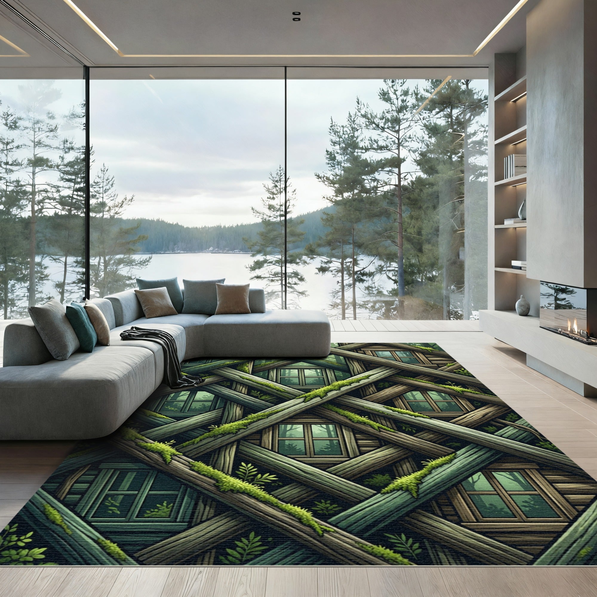 Mossy Forest Log Lattice Geometric Rug