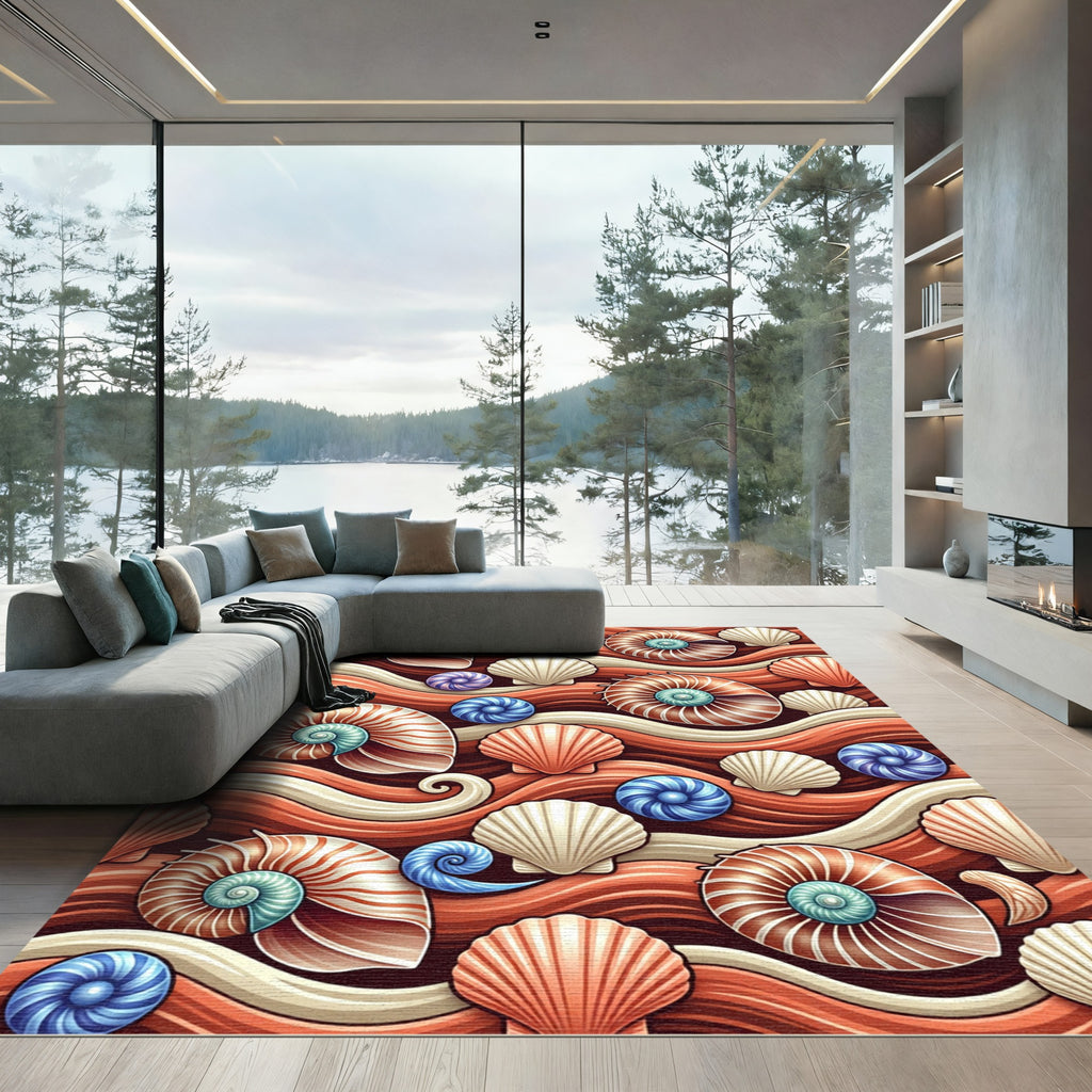 Terracotta Seashell Wave Ocean Floor Rug