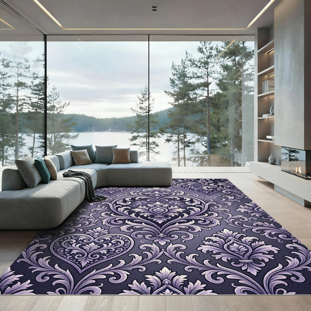 Ornate Lavender Heart Damask Rug