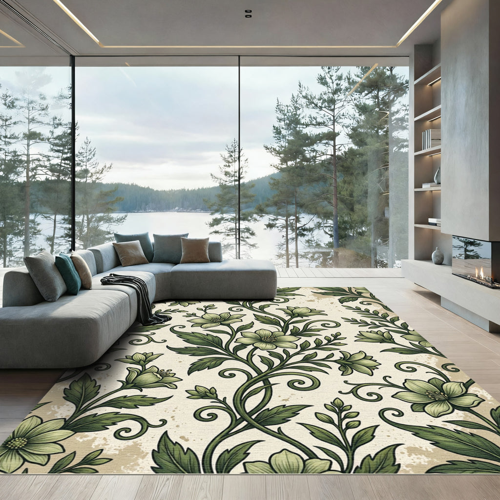 Sage Botanical Swirl Floral Scroll Rug