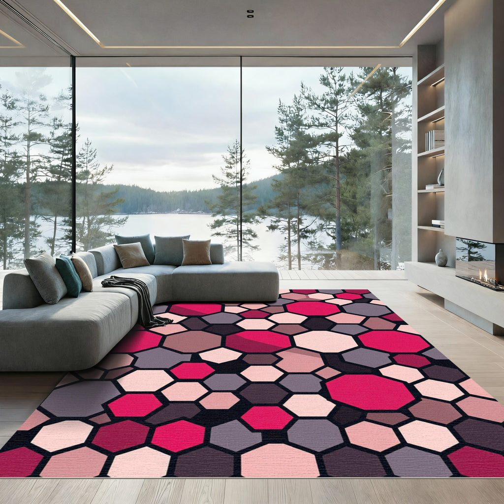 Pink Gray Hexagonal Mosaic Rug