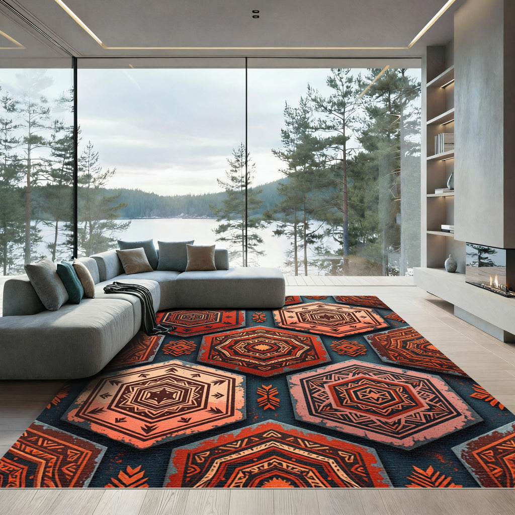 Earthy Crimson Geometric Hexagon Tile Rug