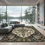 Ornate Black Gold Fish Medallion Rug