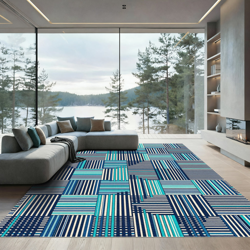 Navy Teal Striped Patchwork Blocks Rug