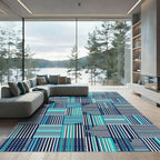 Navy Teal Striped Patchwork Blocks Rug