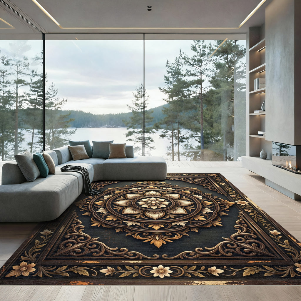 Ornate Golden Floral Mandala Dark Bronze Rug