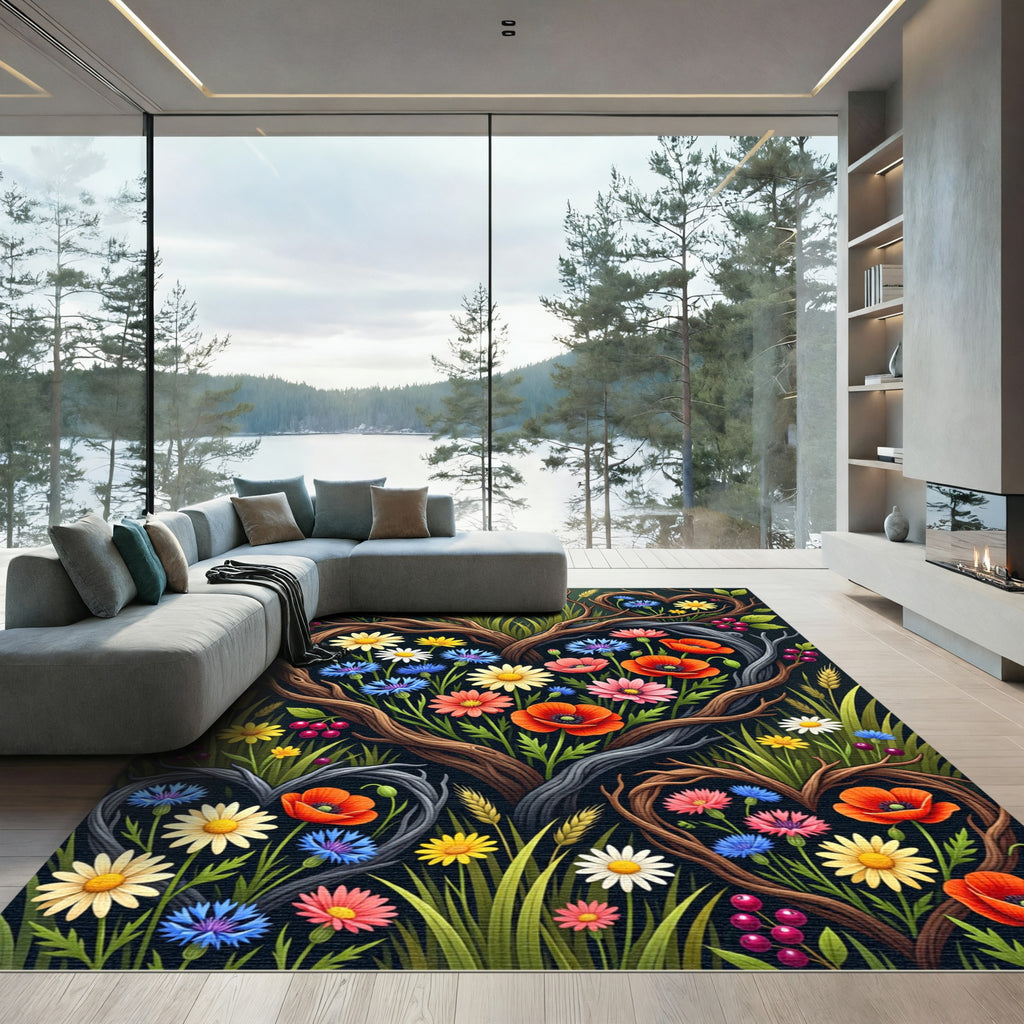 Heart Shaped Branches Wildflower Meadow Rug