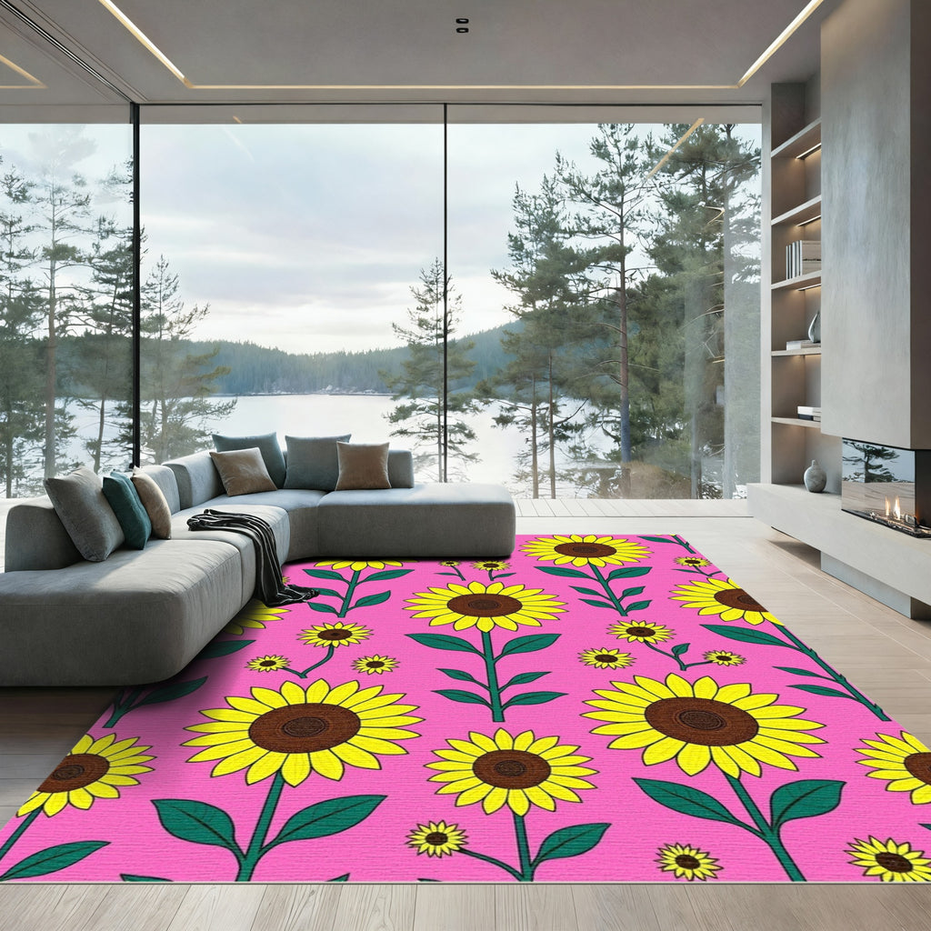 Bright Yellow Sunflower Garden Pink Rug