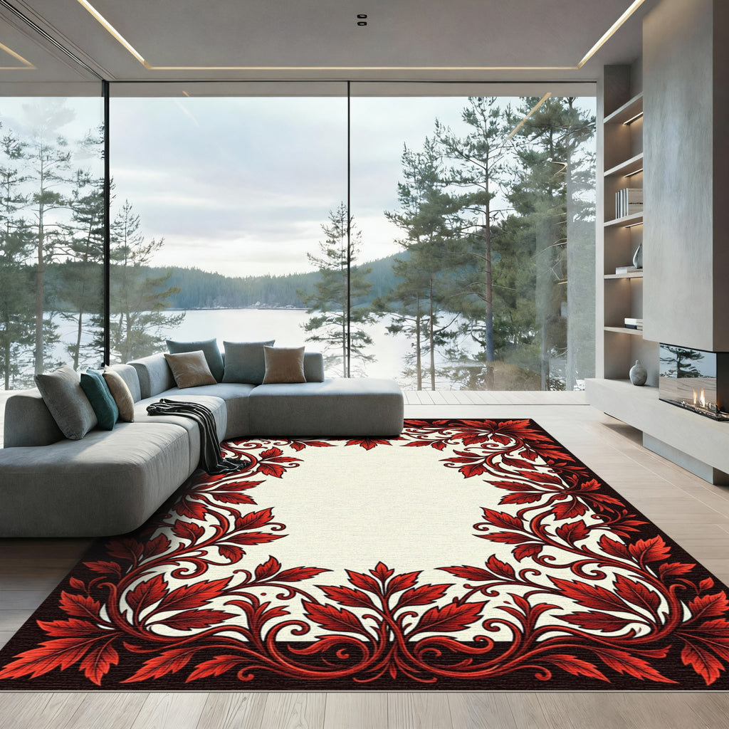 Bold Crimson Leaf Vine Frame Rug