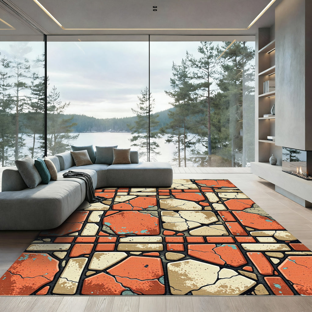 Terracotta Stone Cracked Tile Mosaic Rug