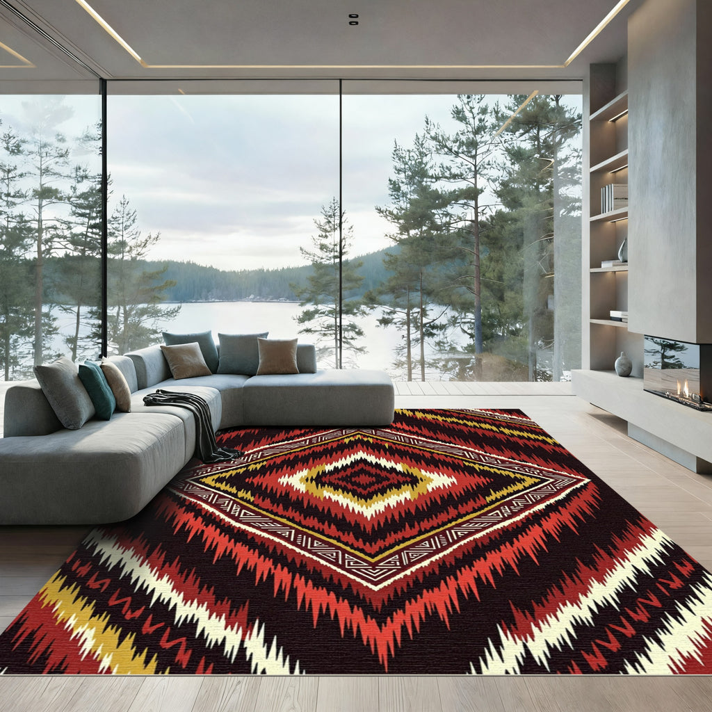 Crimson Gold Tribal Diamond Geometric Rug