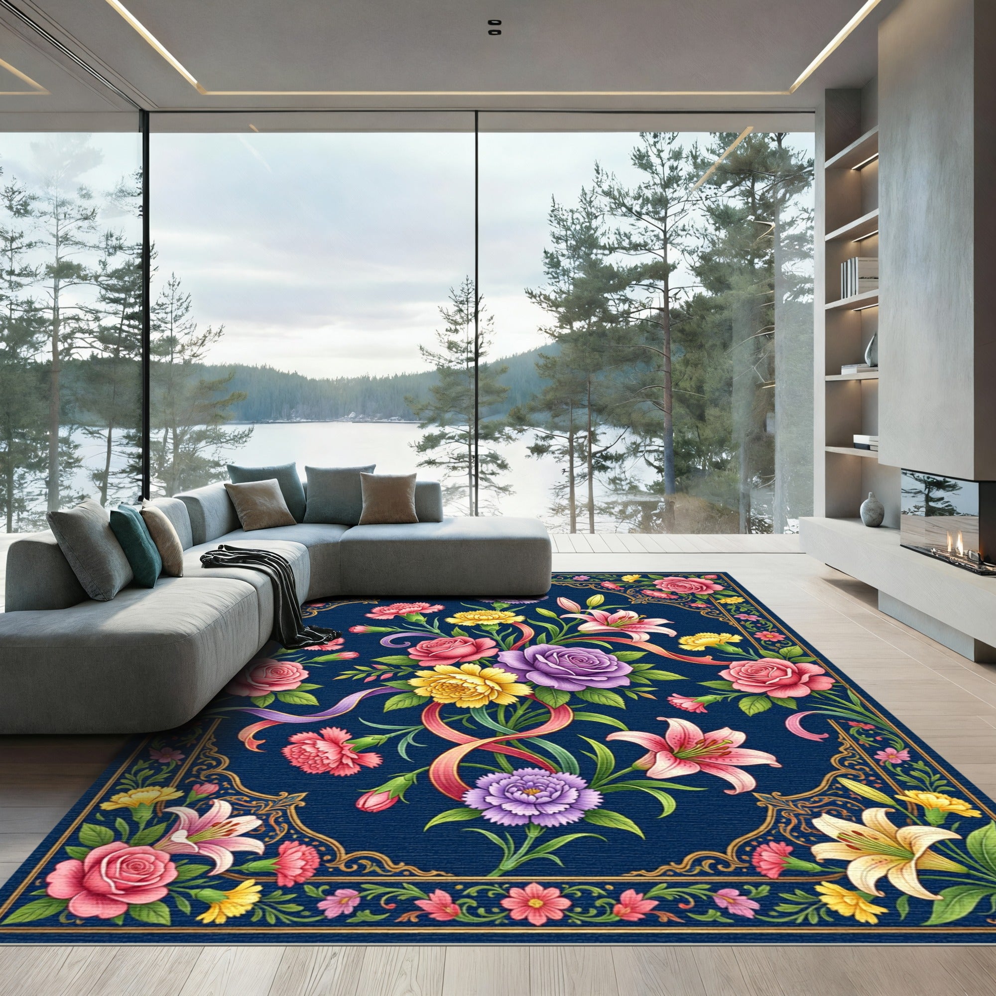 Vibrant Floral Navy Bouquet Tapestry Rug