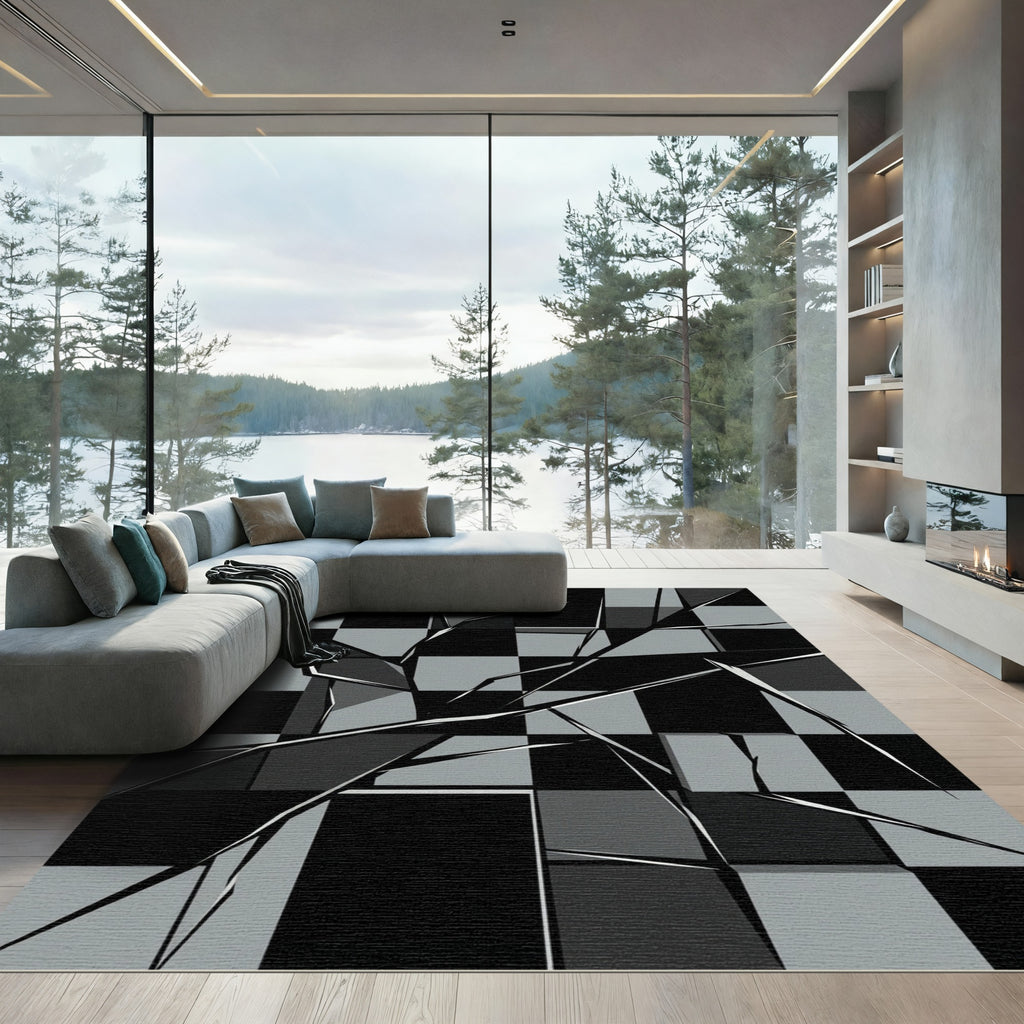 Monochrome Shattered Checkerboard Geometric Rug