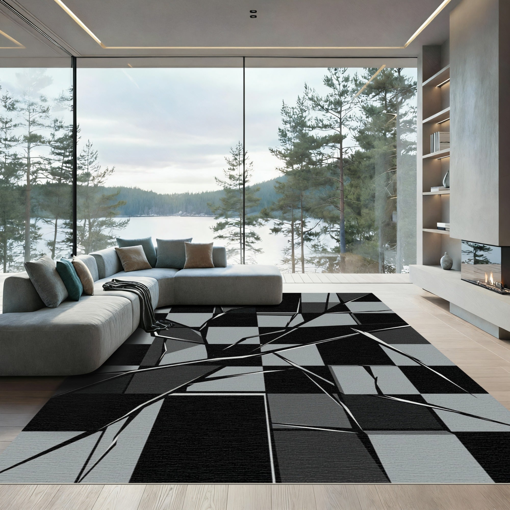 Monochrome Shattered Checkerboard Geometric Rug