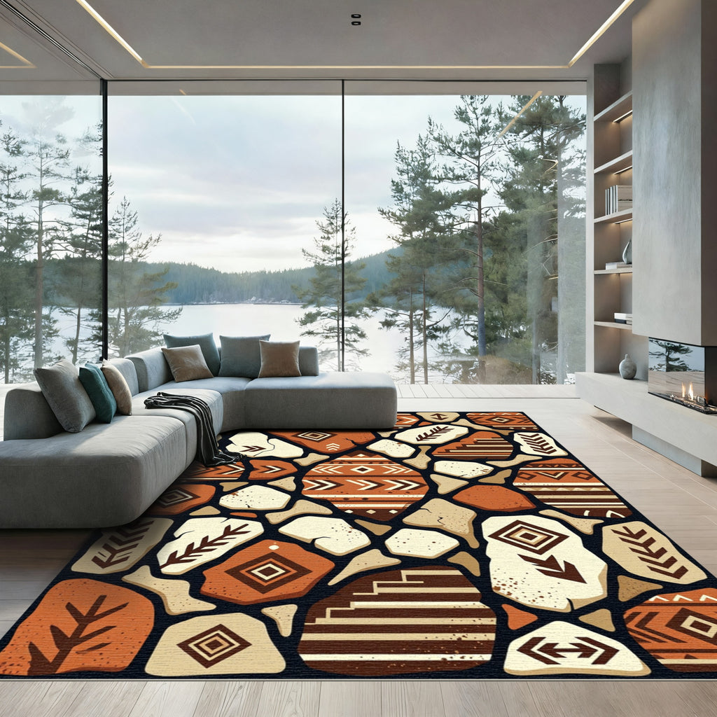 Tribal Earthy Geometric Mosaic Stone Rug