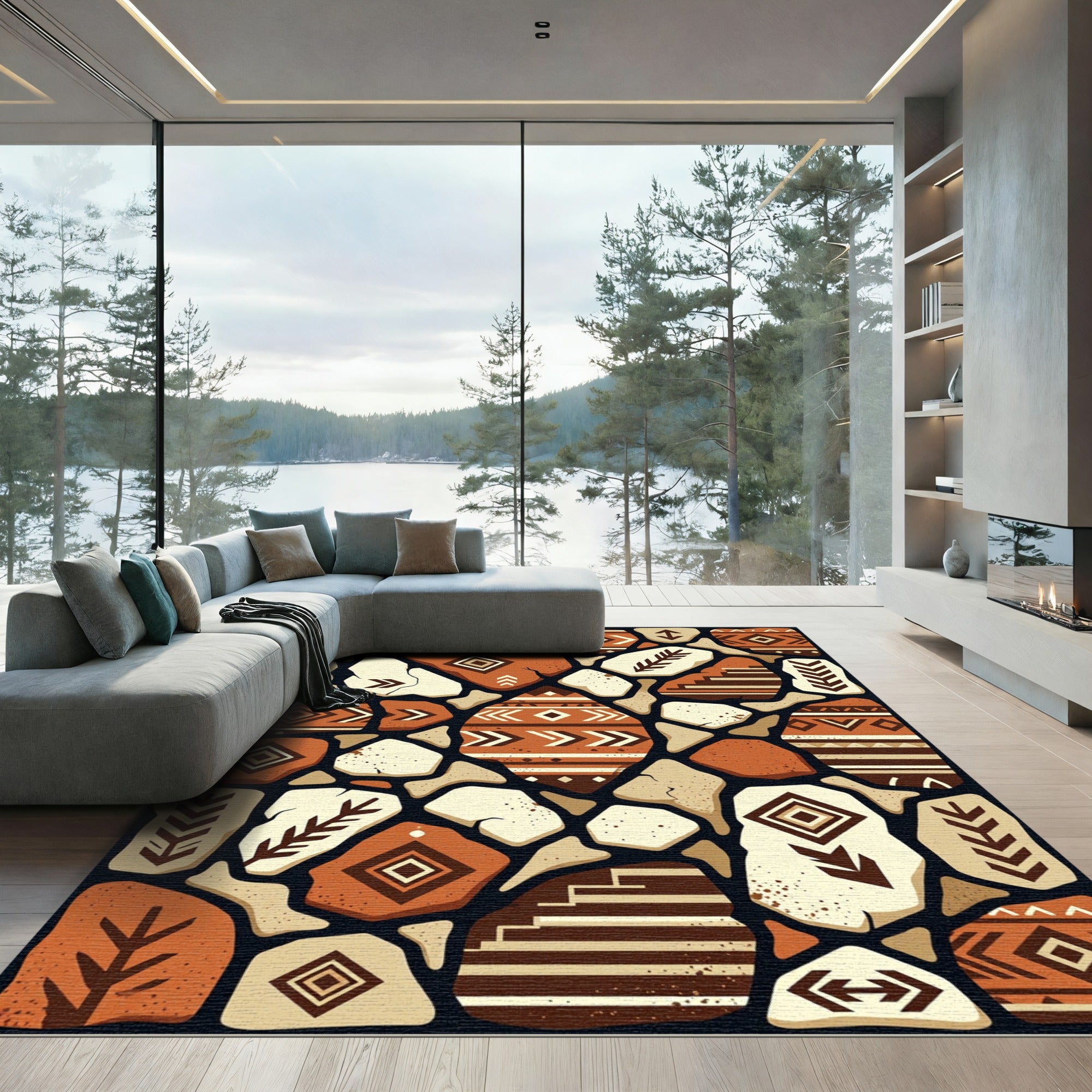 Tribal Earthy Geometric Mosaic Stone Rug