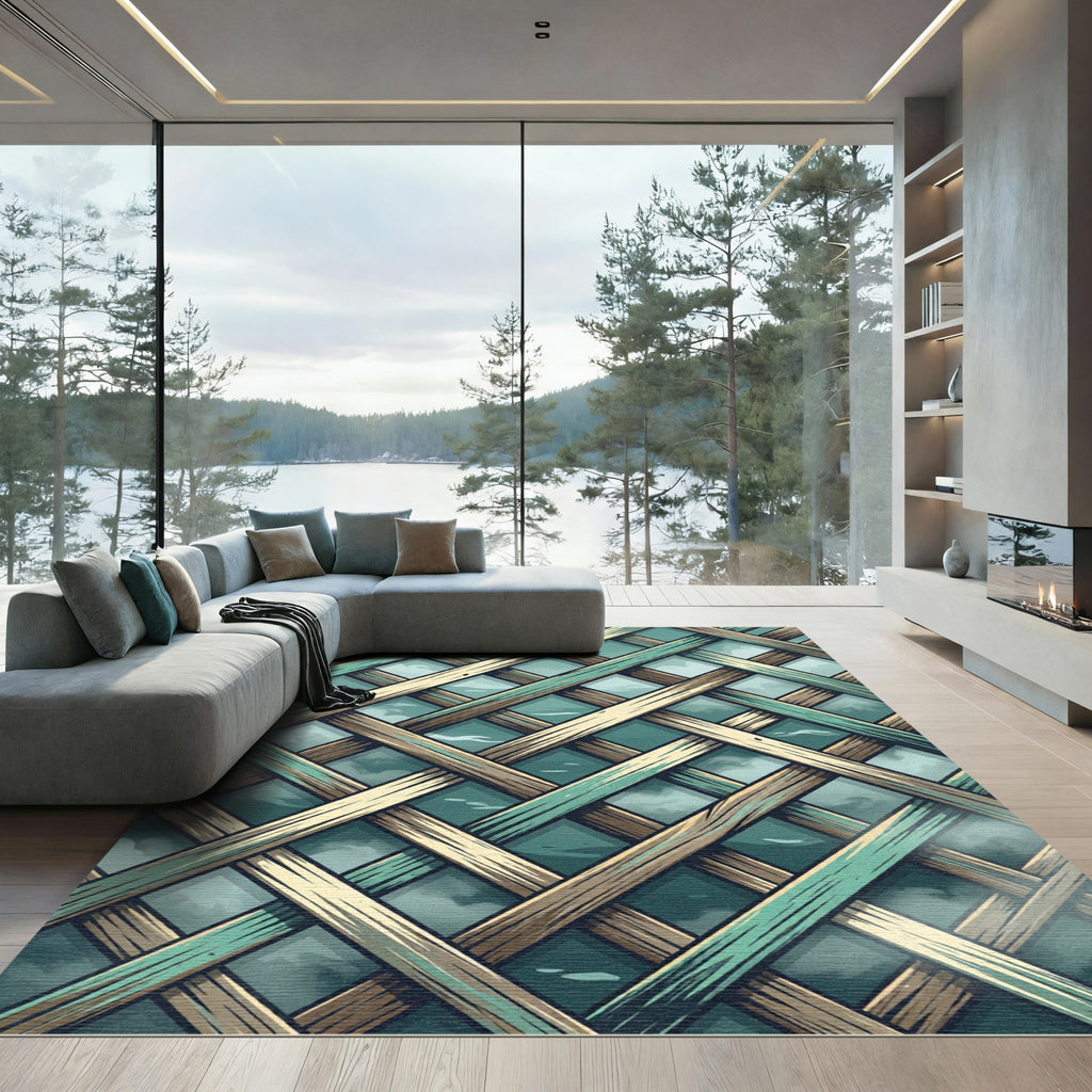 Teal Lattice Wooden Weave Overlap Rug