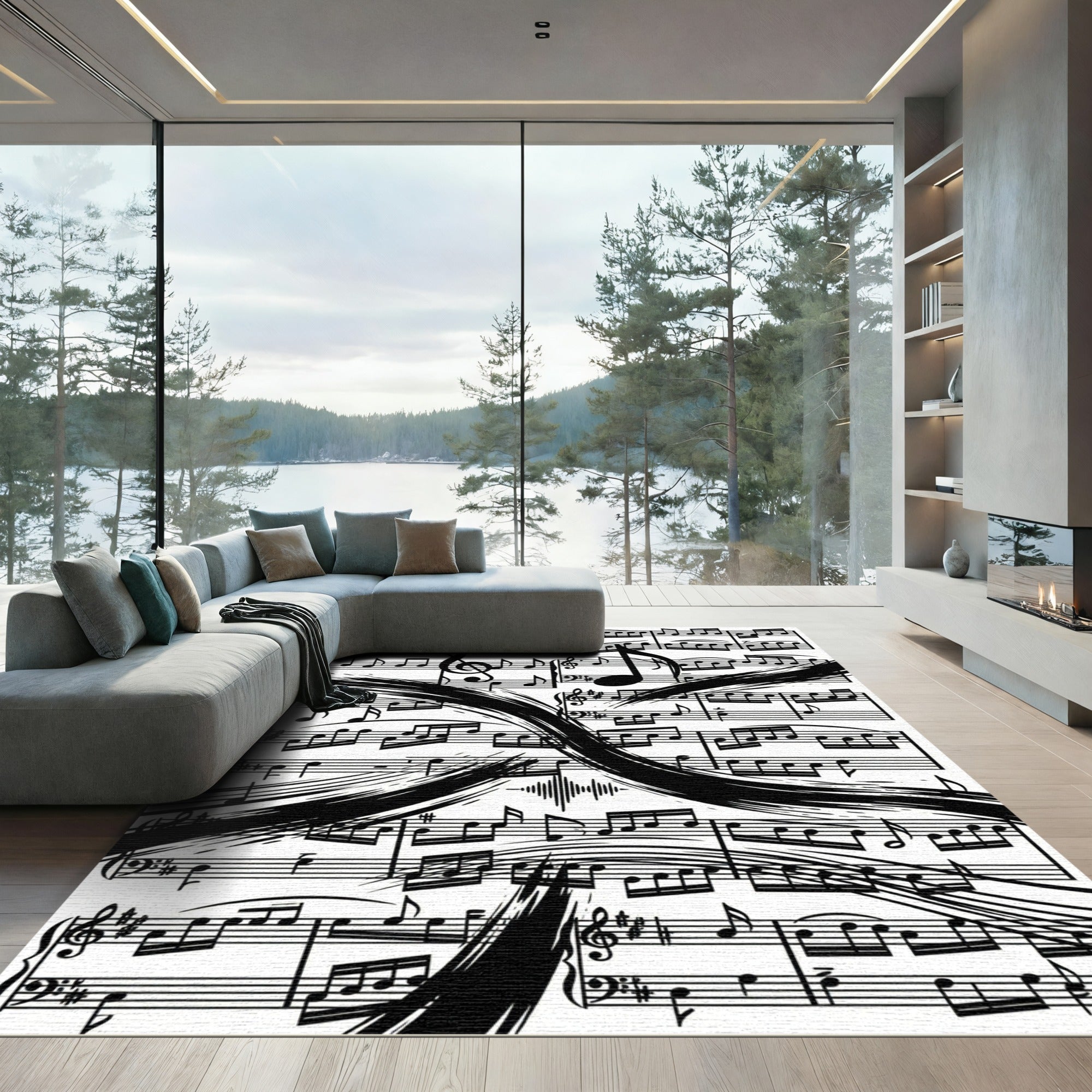 Black and White Sheet Music Swirl Rug