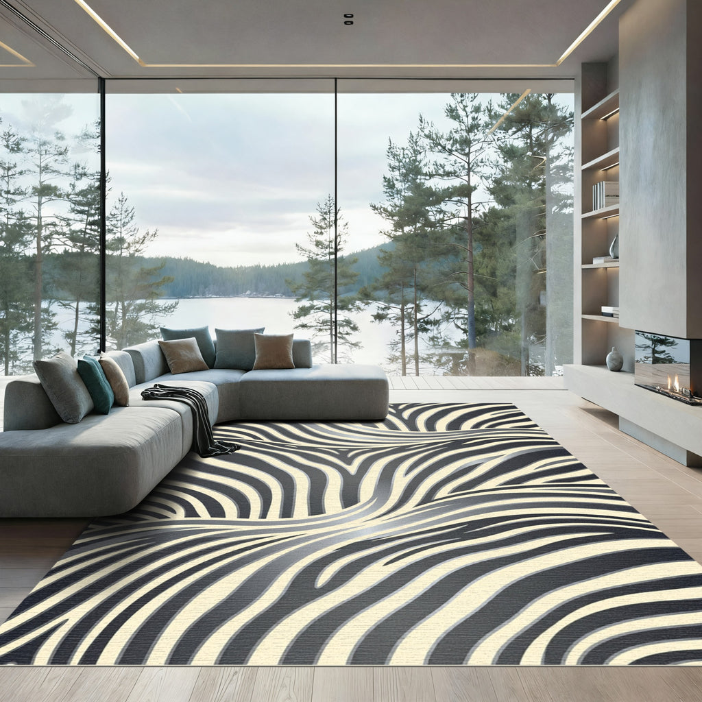 Modern Abstract Monochrome Wavy Zebra Rug