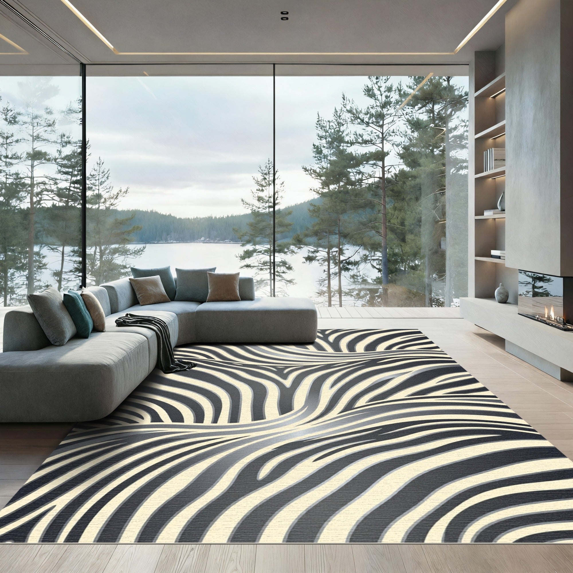 Modern Abstract Monochrome Wavy Zebra Rug