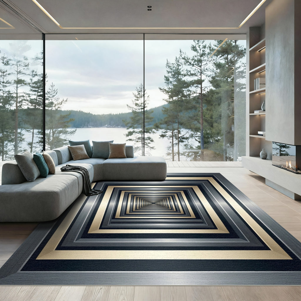 Modern Metallic Golden Silver Geometric Tunnel Rug