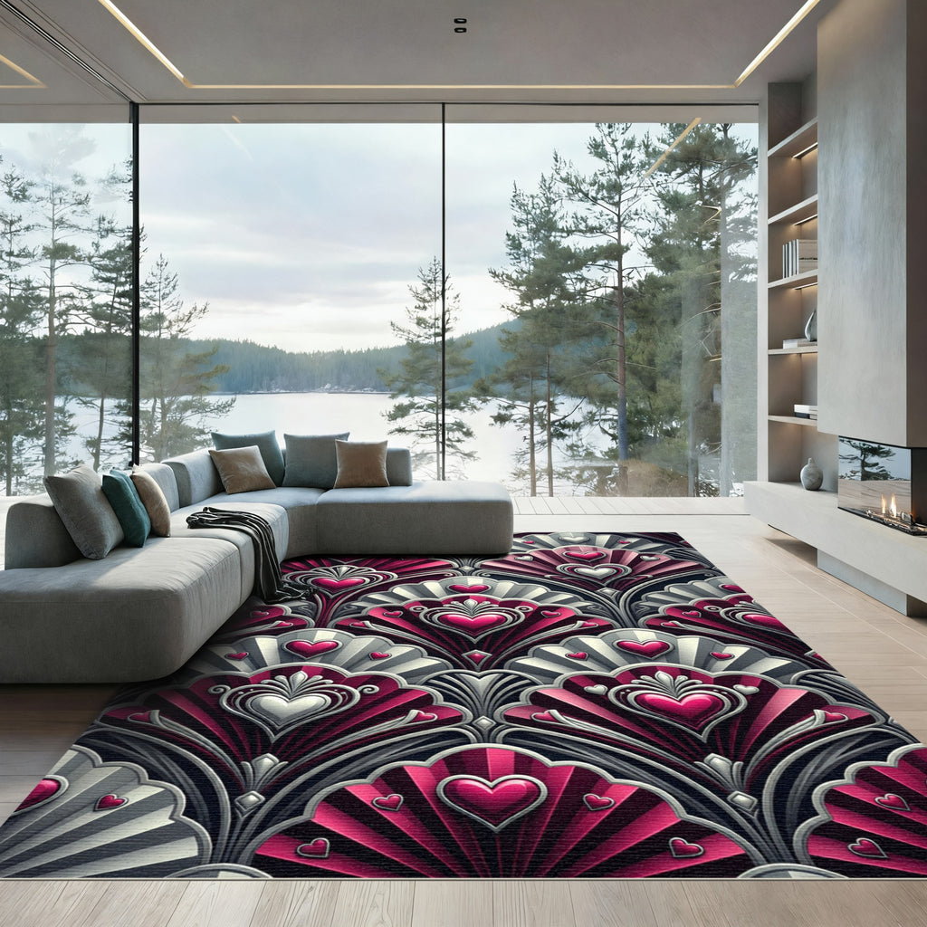 Crimson Hearts Art Deco Floral Rug